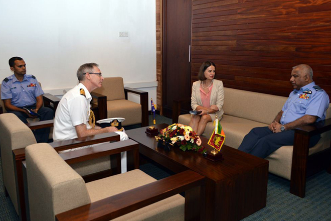Robyn Mudie, Captain Jason Sears and Chief of Defence Staff Air Chief Marshal Kolitha Gunatilleke discussing ongoing cooperation between Australia and Sri Lanka.