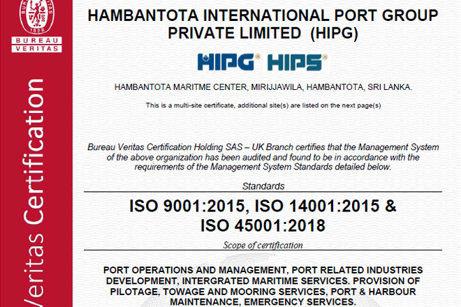 Hambantota Port first Sri Lankan Port to receive ISO Integrated Management System Standards
